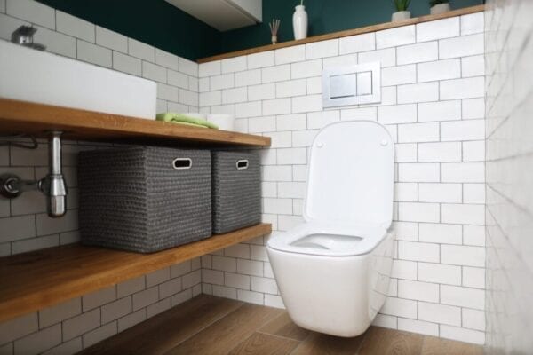 Toilet bowl, sink, shelves with boxes for storing things in toilet. Plumbing installation, repair and cleaning concept.