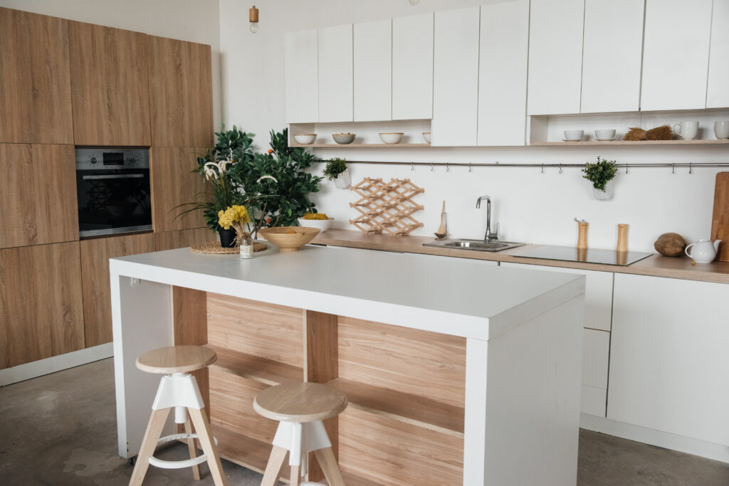 Small white and brown wood kitchen island